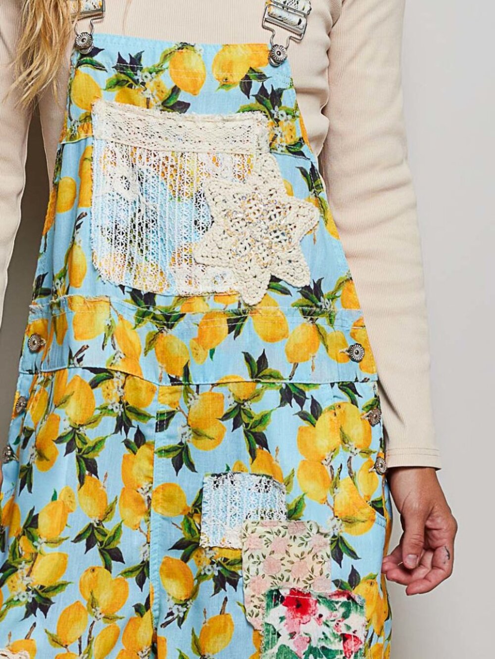 POL Sky Blue & Lemons Woven Patchwork Overall - Picture 4 of 7